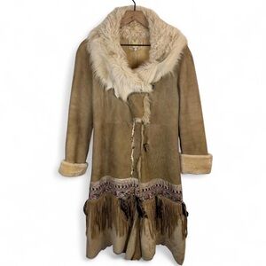 Nigel Preston & Knight Lambskin Leather Shearling Coat Feather Fringe Boho XS